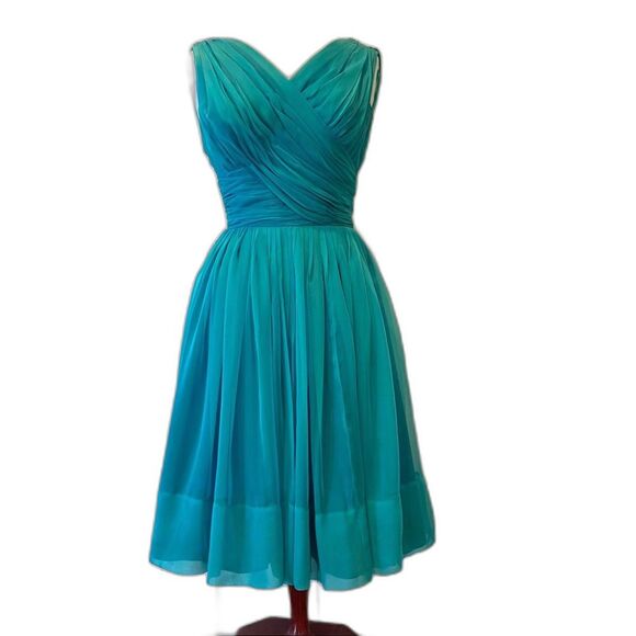 Vintage60s Prom dress Poie de Soie Biltmore Hotel Couture Santa Barbara Aqua M - Picture 4 of 13